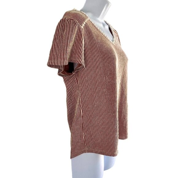 Ava James Brown White Vertical Striped Short Sleeve Top Women's Medium NEW - Picture 3 of 8